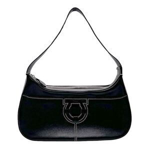 Authentic Salvatore Ferragamo Black Gancini Leather Baguette Shoulder Bag Auth